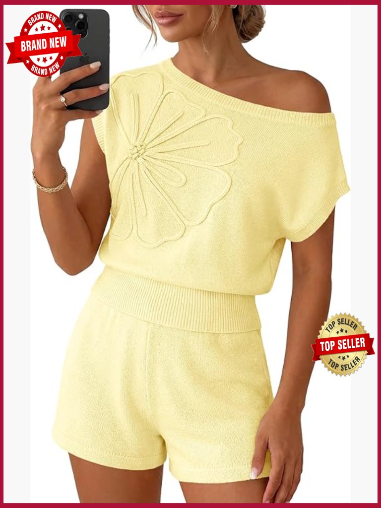 Off Shoulder 2 Piece Sweater Set Short Sleeve Floral Tops Lounge Shorts Set